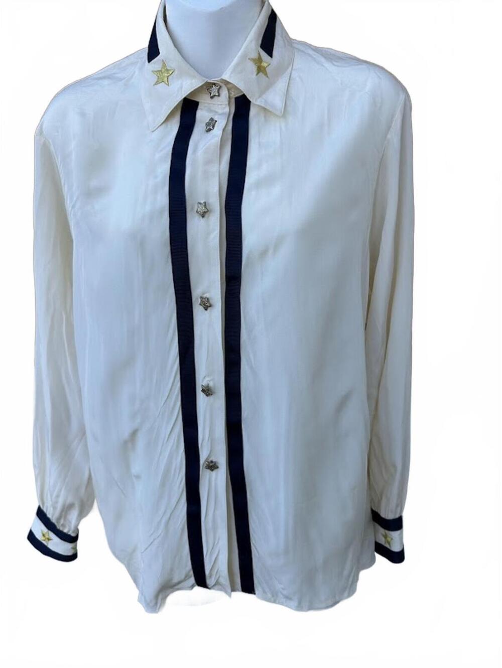 ISHYU Silk Blouse Stars Stripe Trim Size 4